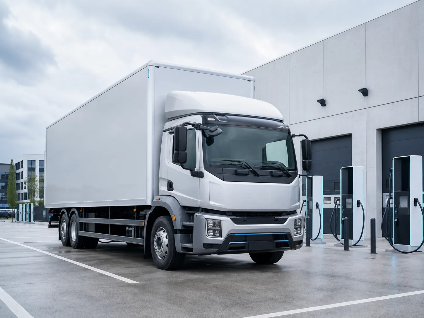 Camion électrique poids lourd devant des bornes de recharge.