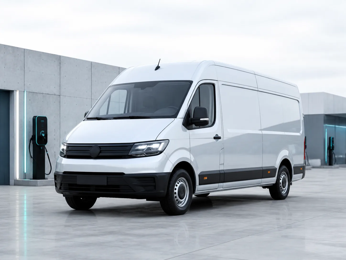 Utilitaire électrique blanc devant une infrastructure de recharge.