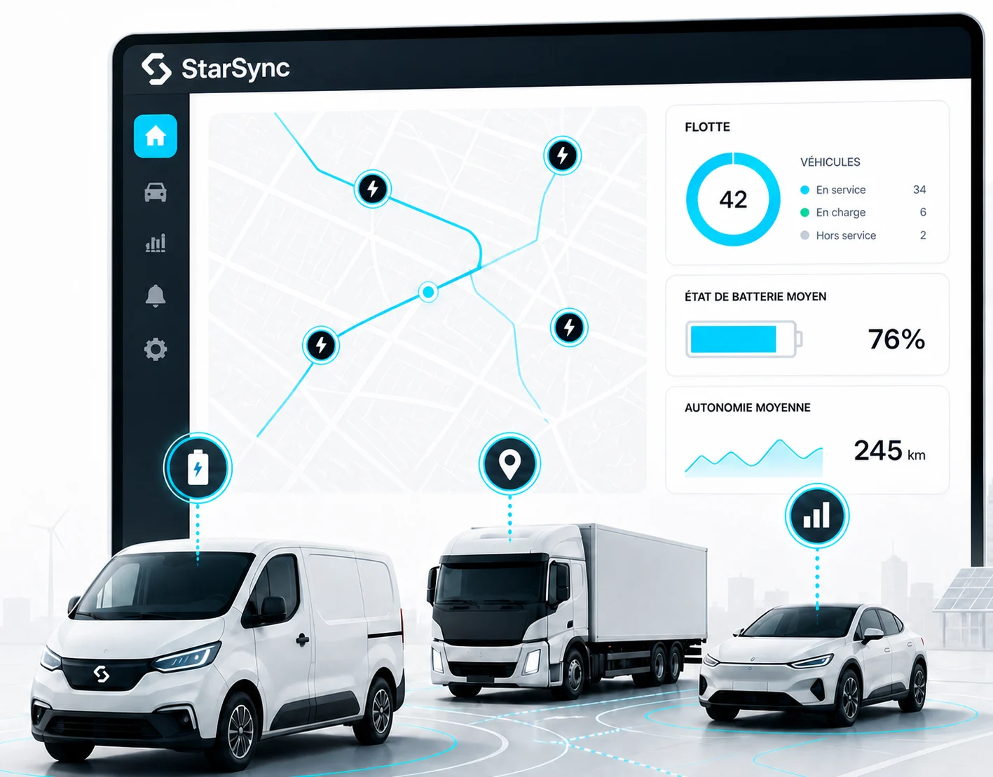 Aperçu StarSync avec carte télématique, données de flotte et véhicules connectés.